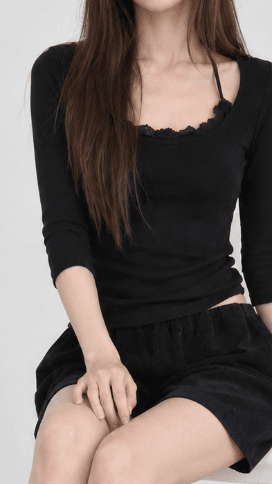 가을 스판 슬림핏 7부 티셔츠 레이스 홀터 블랙