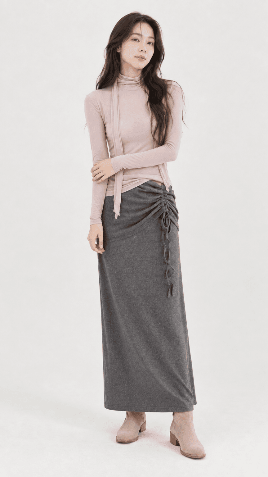 가을 저지 롱스커트 셔링 스트링 차콜