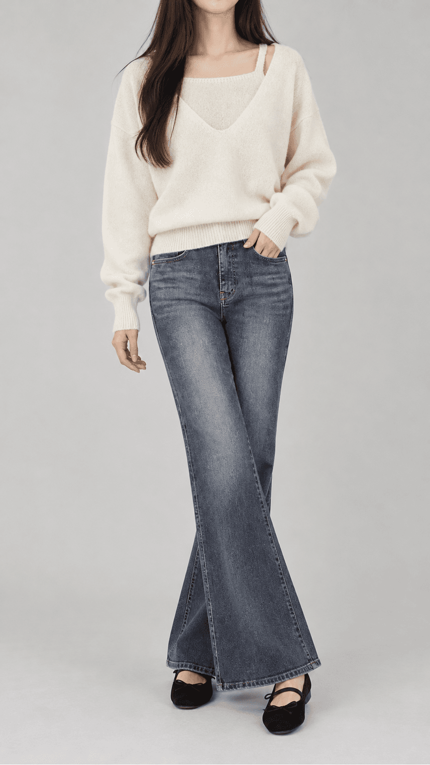 린스카이 루즈핏 딥브이넥 레이어드 니트 아이보리
