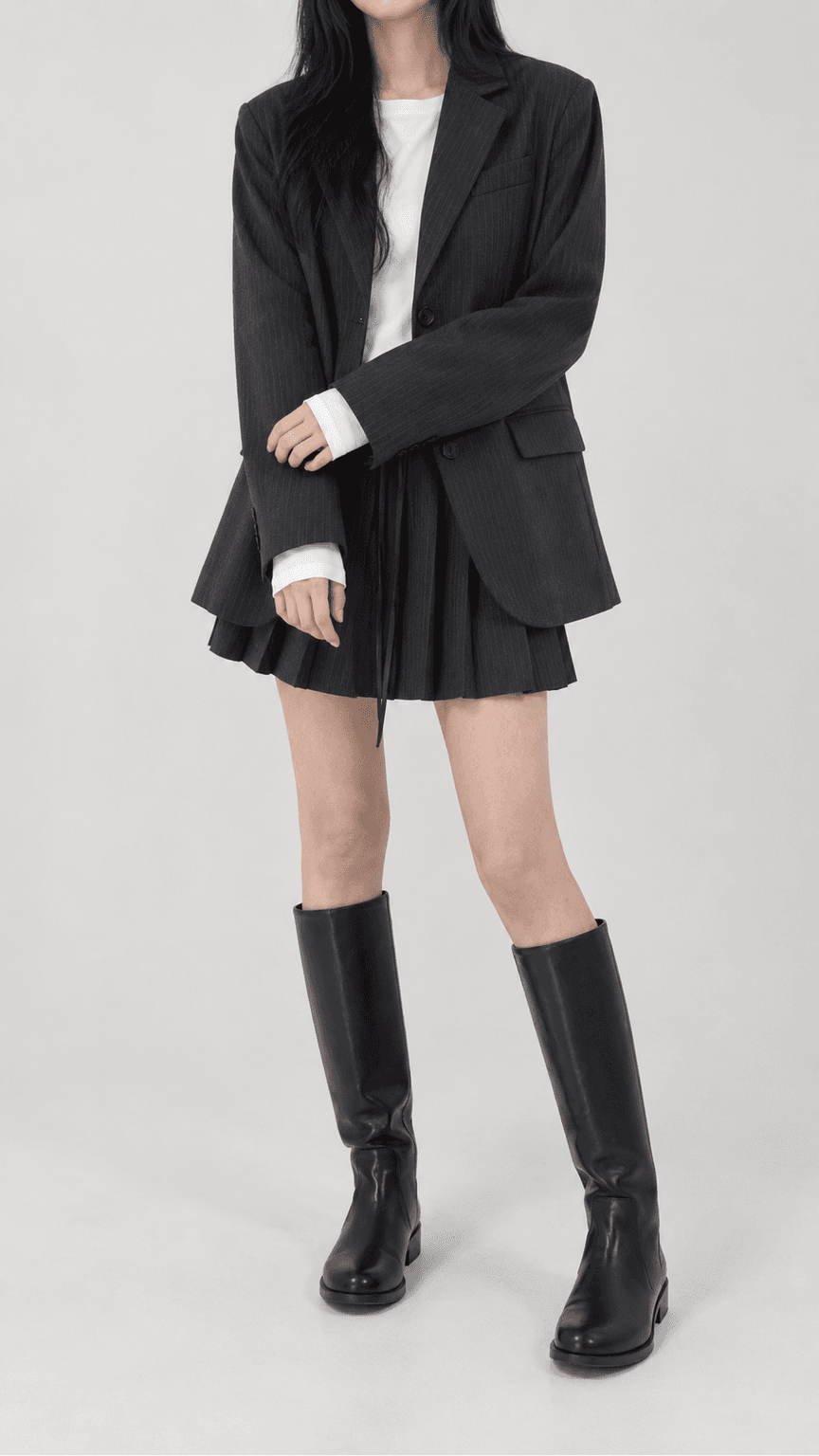 가을 스트라이프 밴딩 플리츠 미니스커트 차콜
