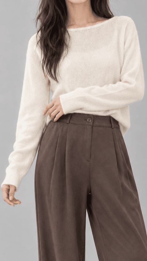 벨마크 알파카 울 보트넥 반크롭 니트 아이보리