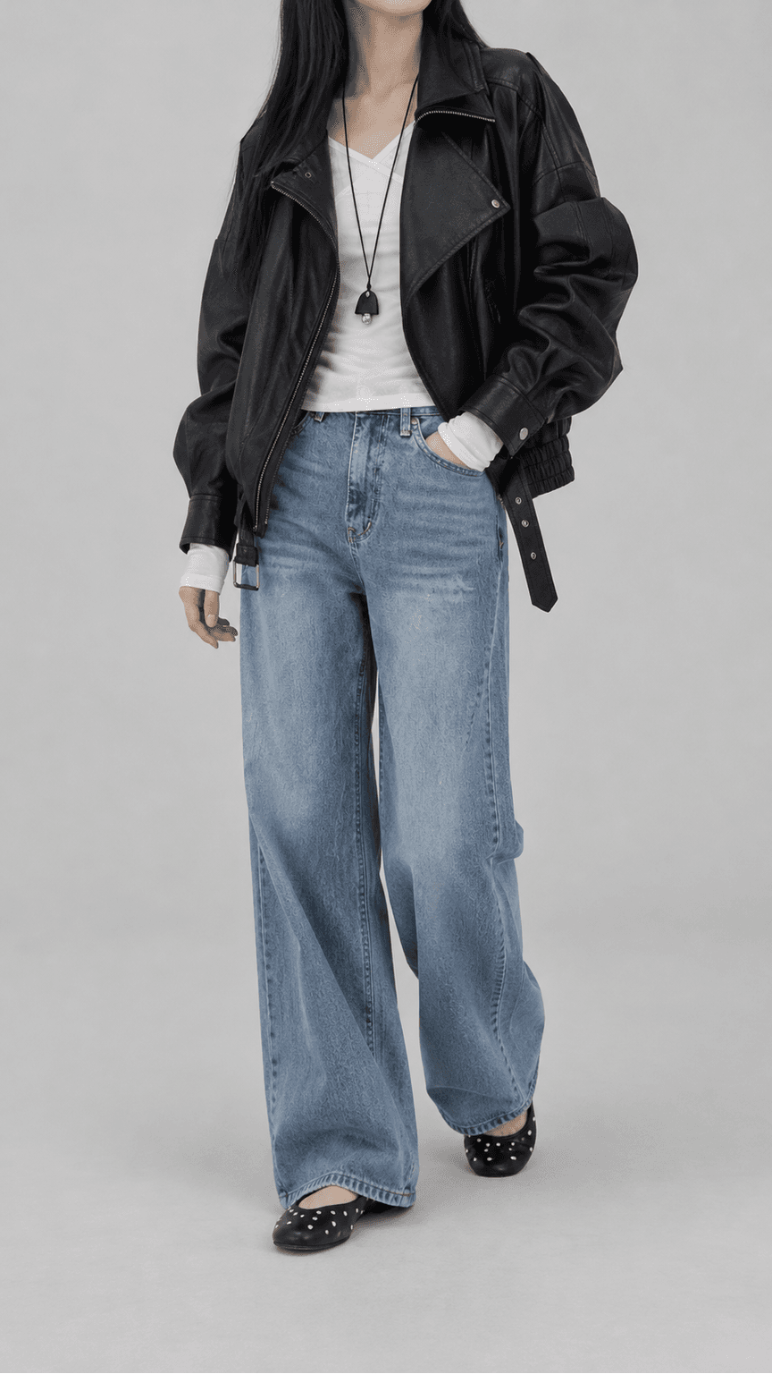 스틸밀크 하이넥 크롭 레더 라이더 자켓 블랙