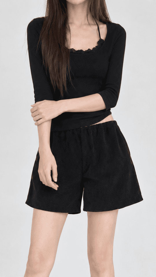 가을 코듀로이 와이드 반팬츠 밴딩 포켓 블랙
