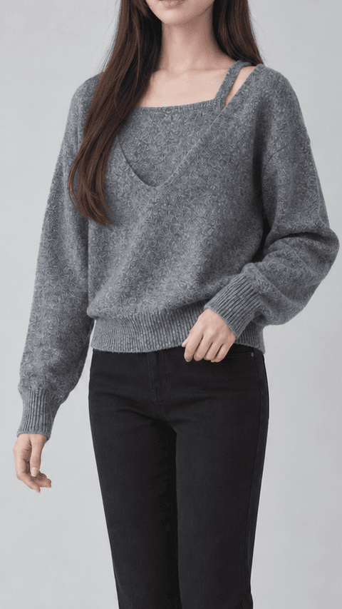 린스카이 루즈핏 딥브이넥 레이어드 니트 진그레이