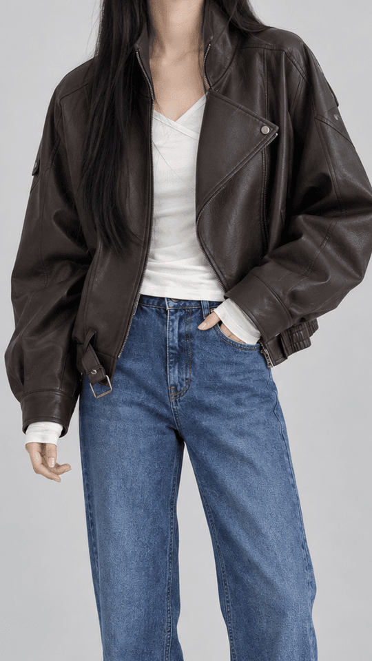 스틸밀크 하이넥 크롭 레더 라이더 자켓 브라운