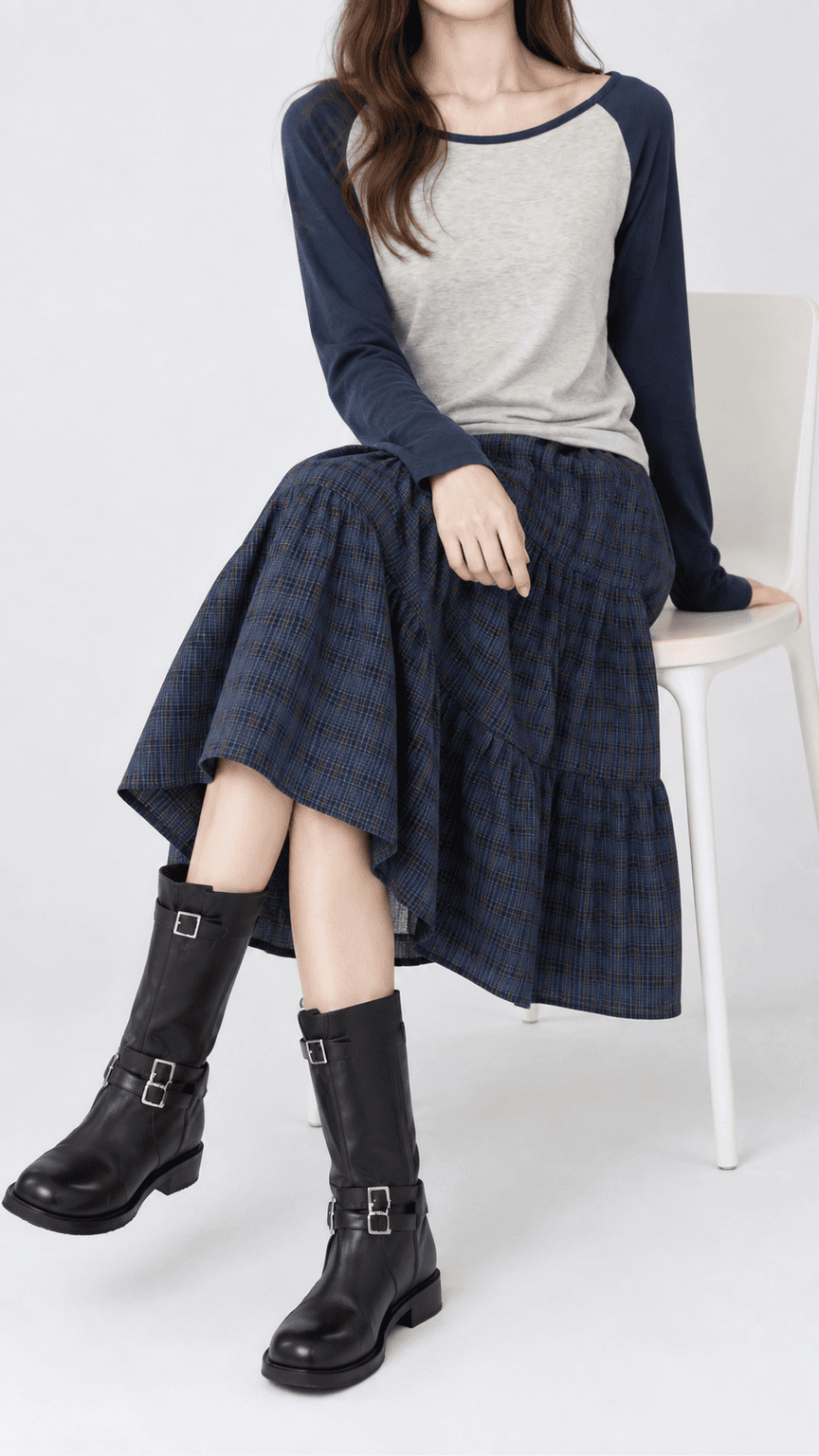 가을 체크 캉캉 미디 스커트 네이비