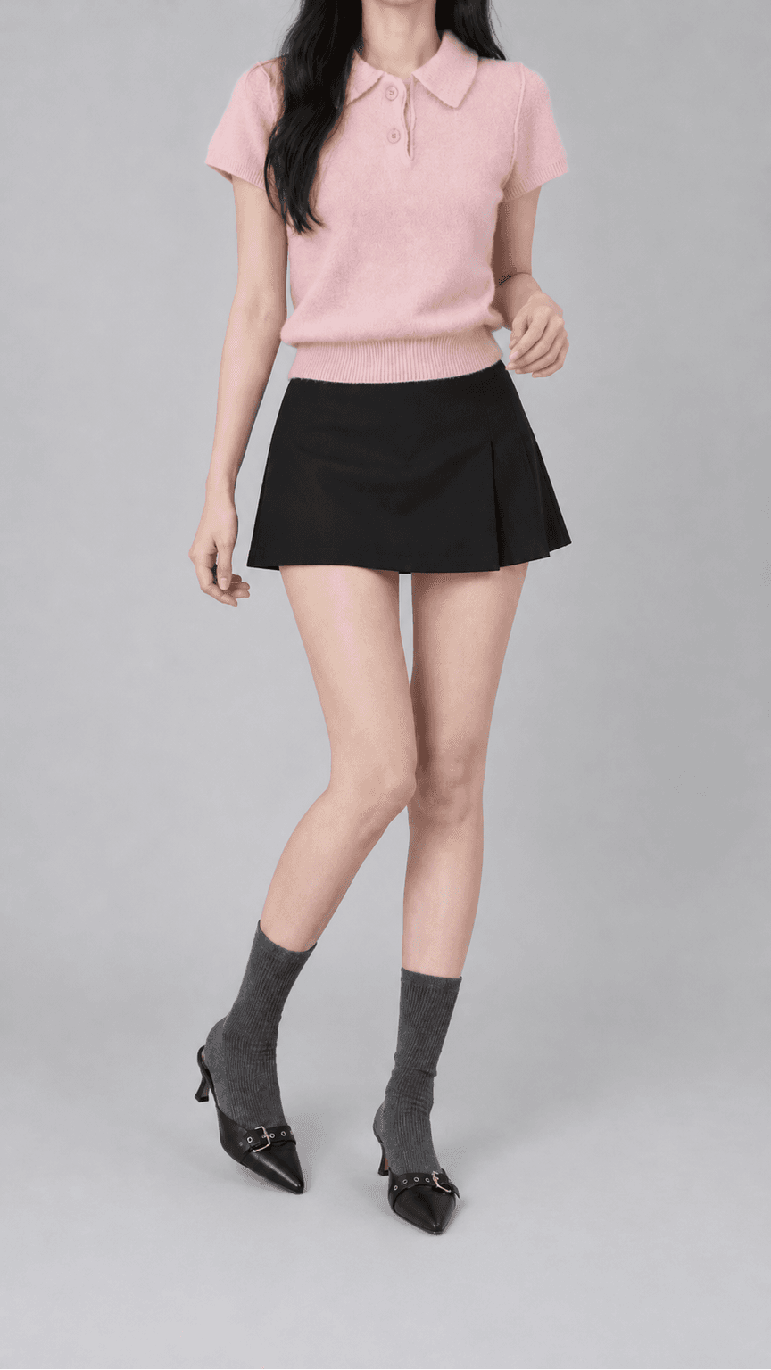 레인모스 포근 카라 반팔 니트탑 연핑크