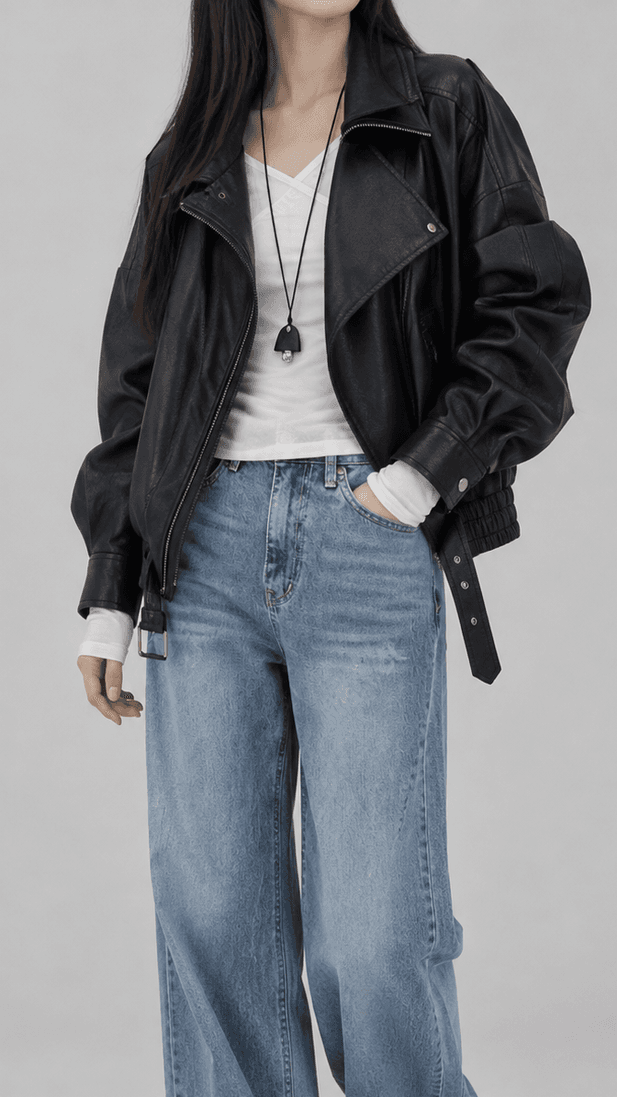 스틸밀크 하이넥 크롭 레더 라이더 자켓 블랙