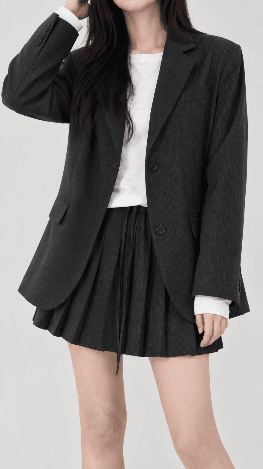 가을 스트라이프 밴딩 플리츠 미니스커트 차콜