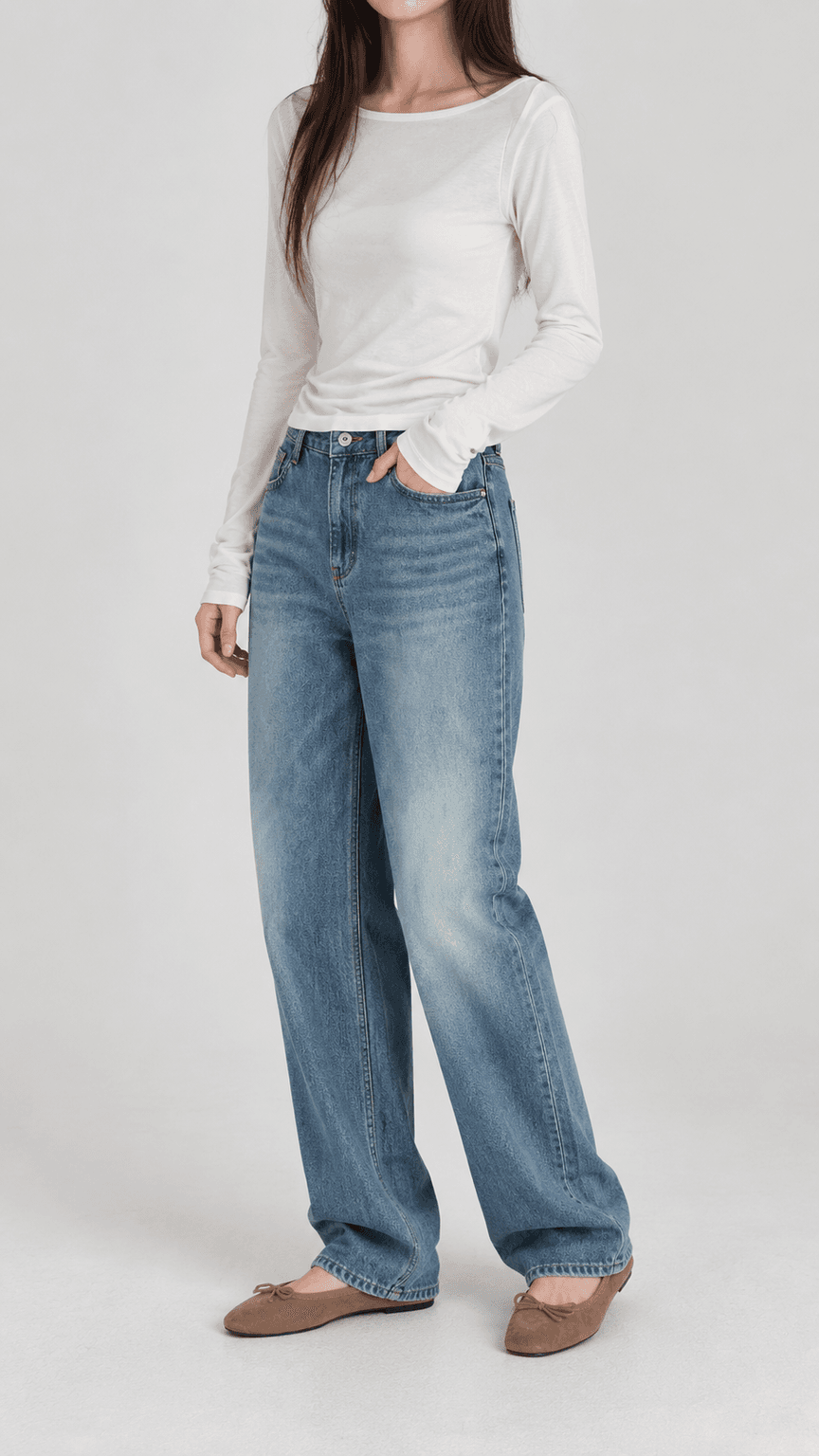 워싱 스트레이트 데님 팬츠 진청