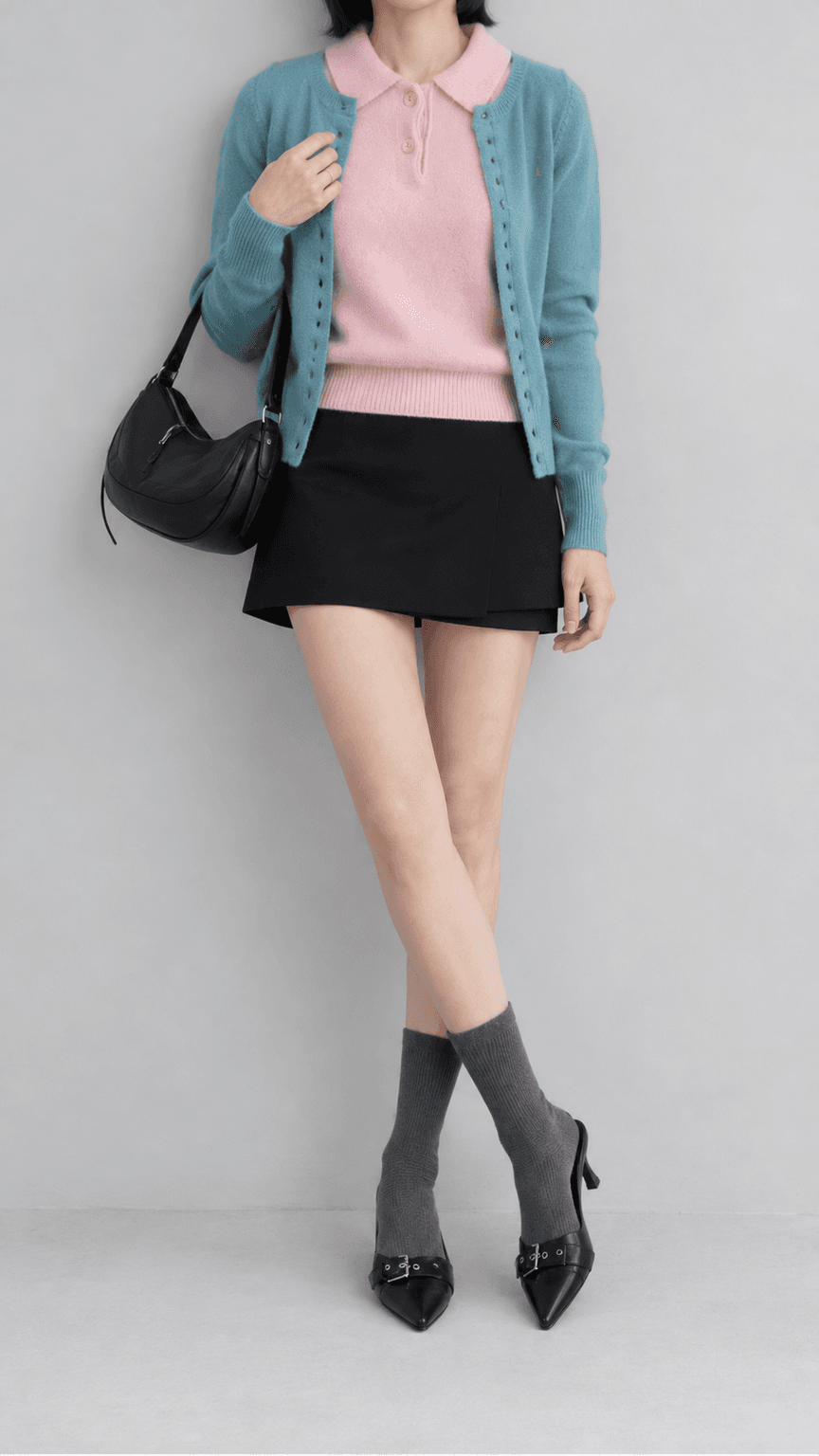 레인모스 포근 카라 반팔 니트탑 연핑크