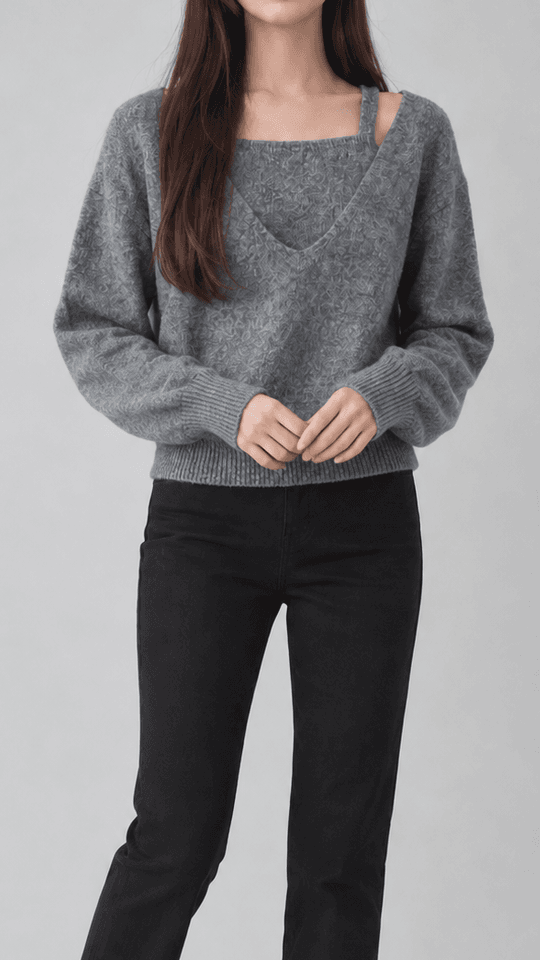 린스카이 루즈핏 딥브이넥 레이어드 니트 진그레이