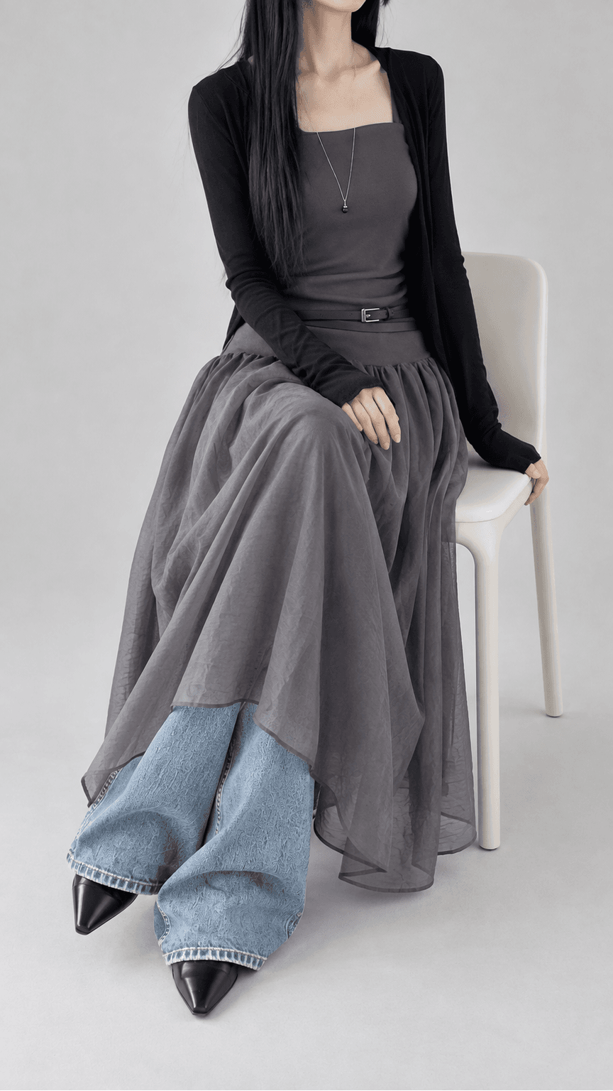세이지스카이 골지 니트 나시 롱 원피스 그레이