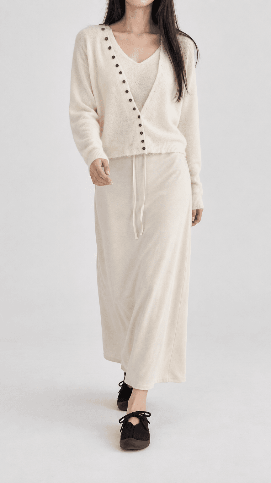 속기모 데일리 H라인 롱스커트 허리스트링 크림
