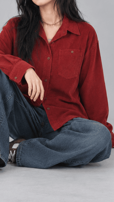 코어글로우 빈티지 코듀로이 루즈핏 셔츠 다크레드