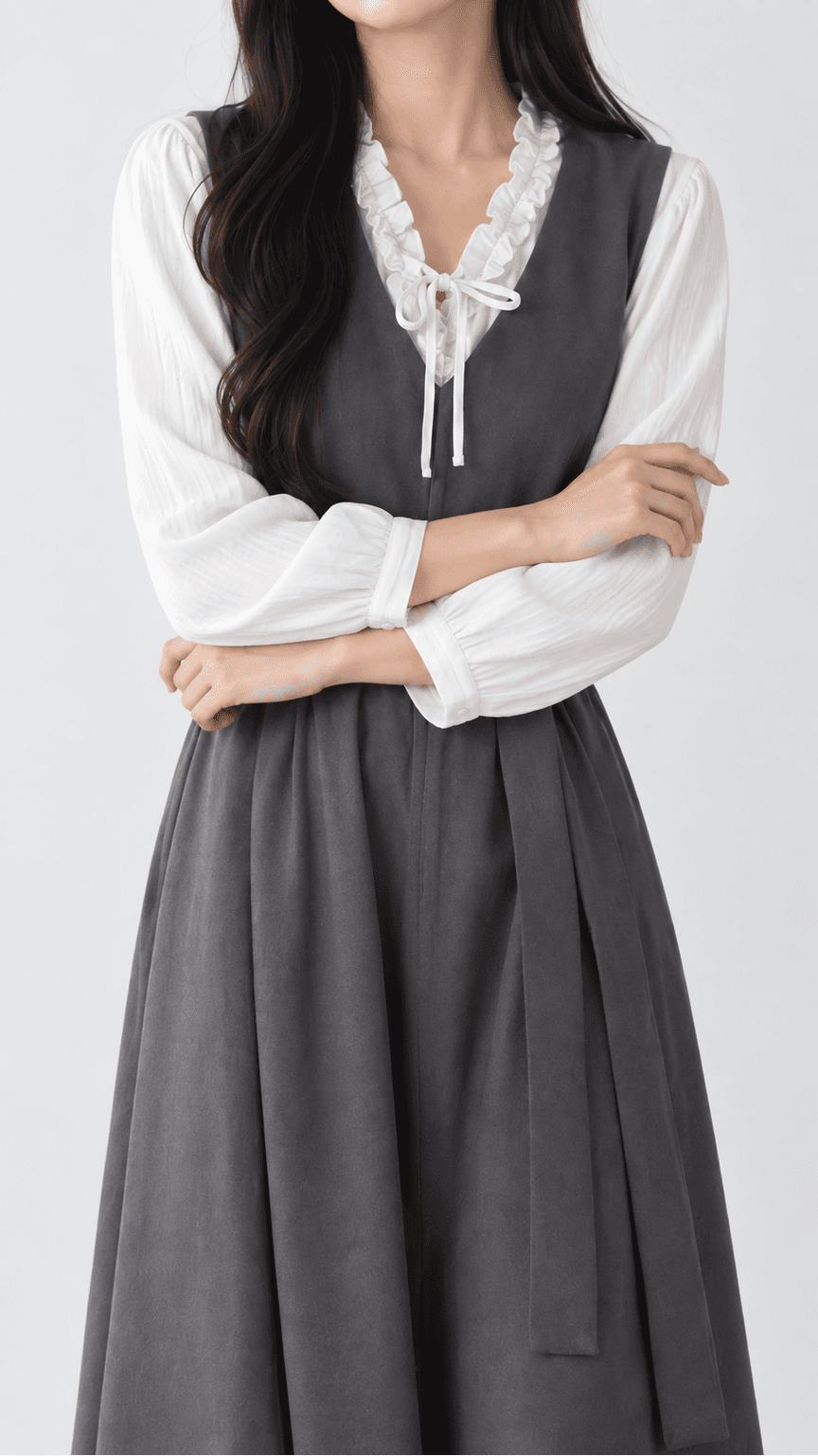 브이넥 나시 롱 원피스 그레이