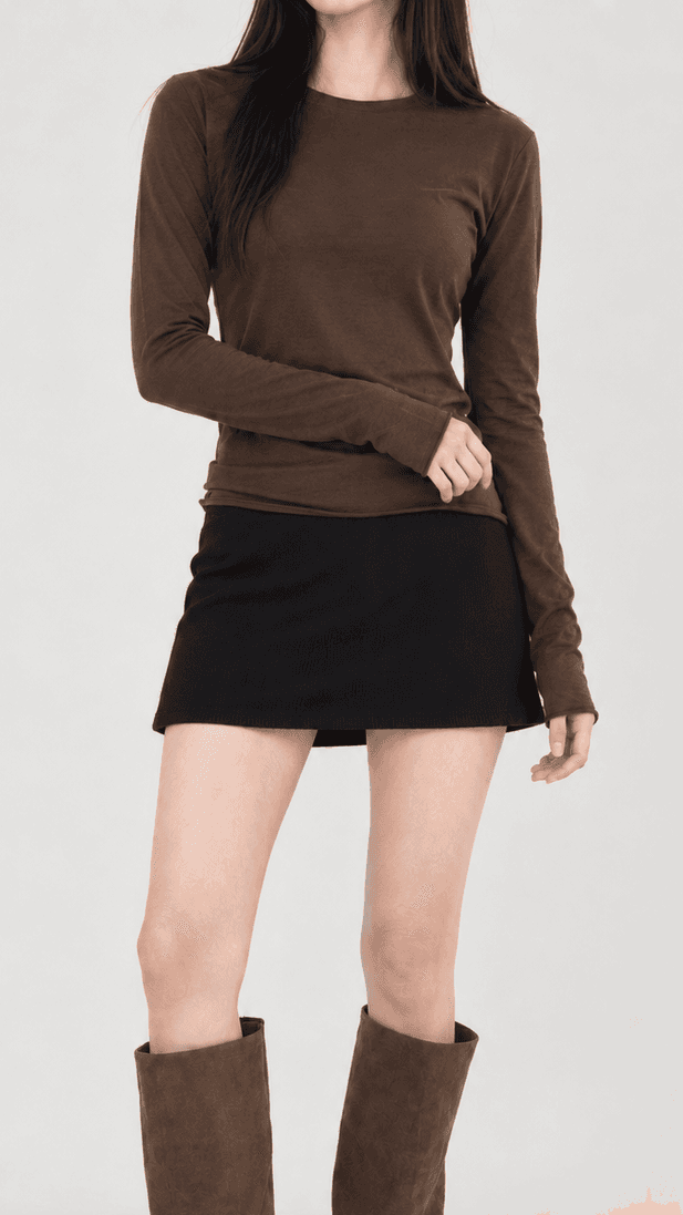 가을 면모달 크롭 긴팔 티셔츠 컷오프 브라운