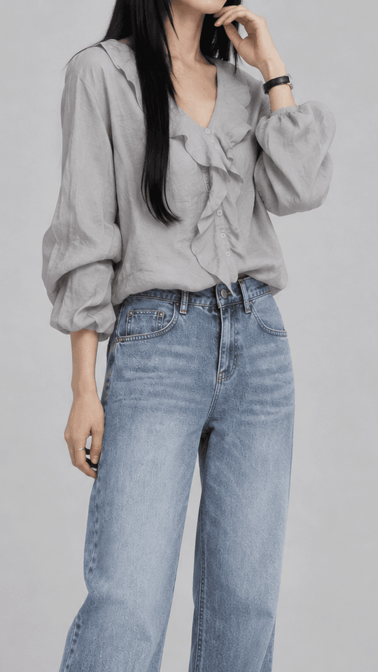 로우스톤 러플 프릴 박시 블라우스 그레이