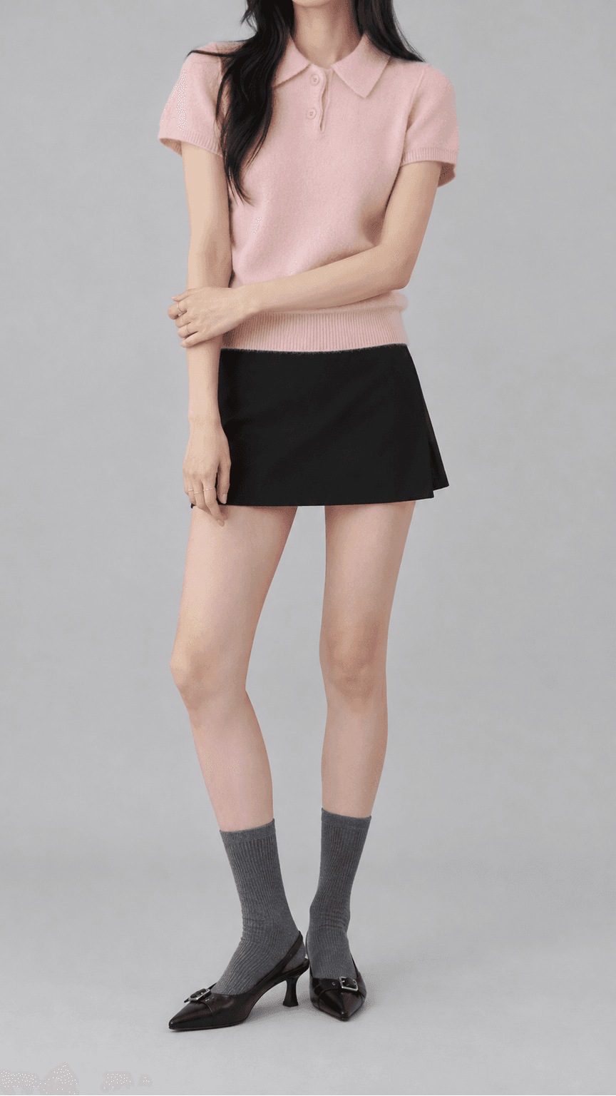 레인모스 포근 카라 반팔 니트탑 연핑크