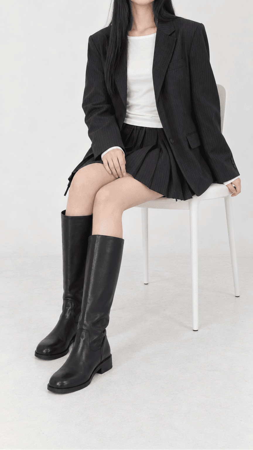 가을 스트라이프 밴딩 플리츠 미니스커트 차콜