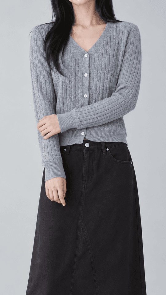 스틸듀 베이직 울 브이넥 꽈배기 가디건 그레이