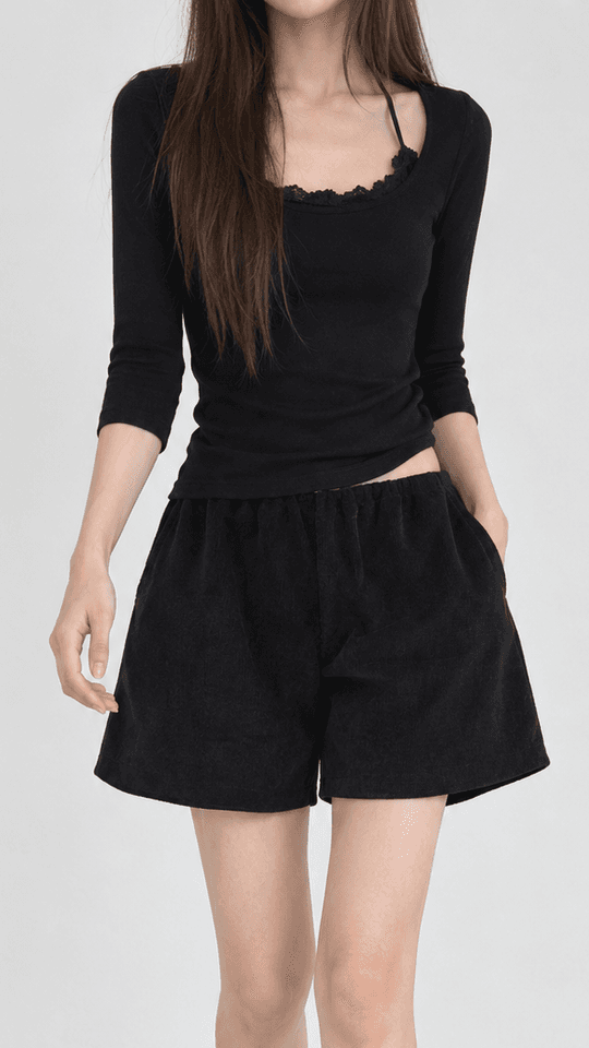 가을 코듀로이 와이드 반팬츠 밴딩 포켓 블랙