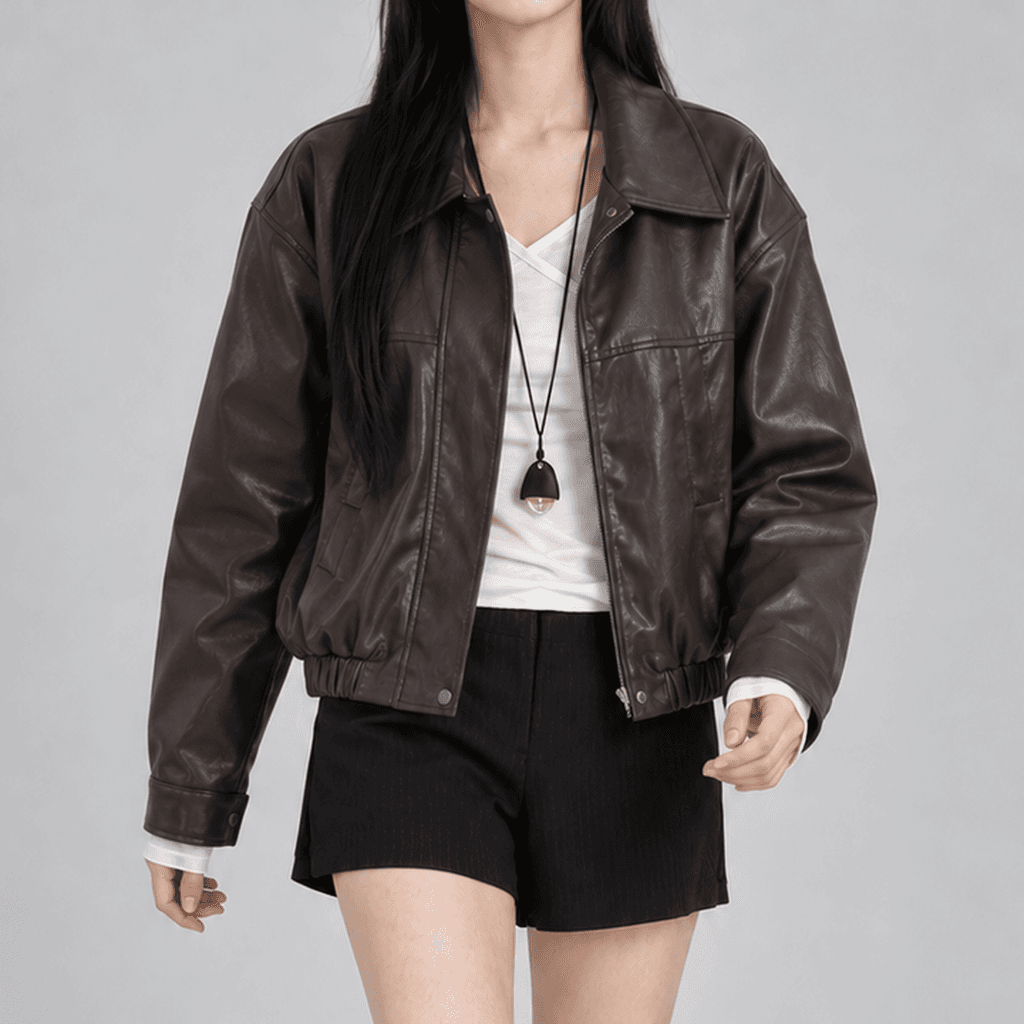 무드클린 크롭 레더 자켓 브라운