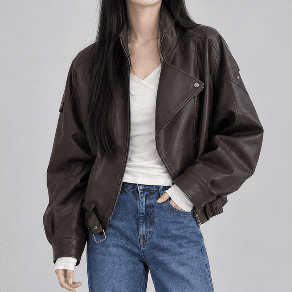 스틸밀크 하이넥 크롭 레더 라이더 자켓 브라운