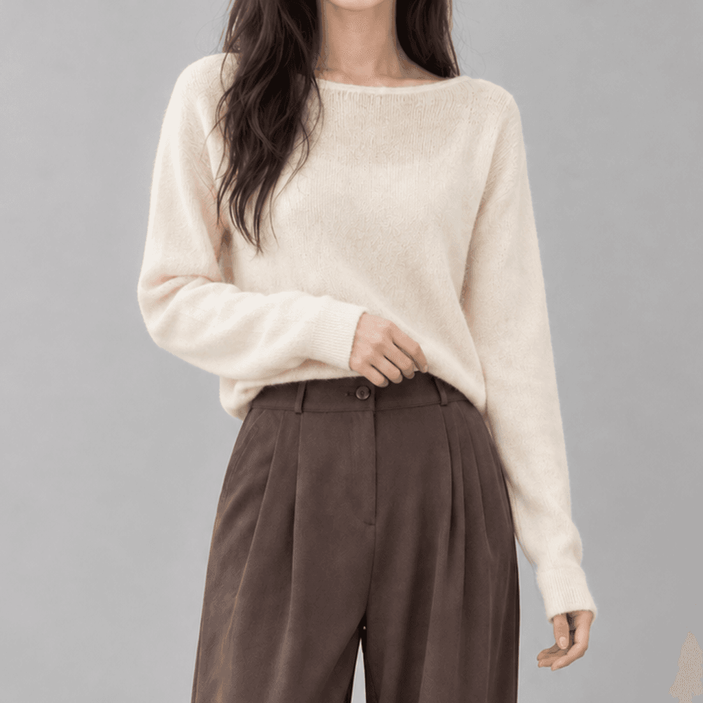 벨마크 알파카 울 보트넥 반크롭 니트 아이보리
