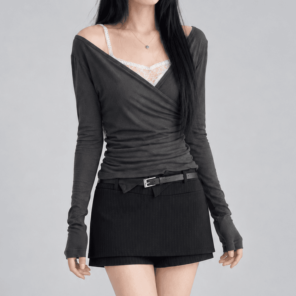 무드모스 슬림핏 딥브이넥 오프숄더 랩 긴팔 티셔츠 먹색