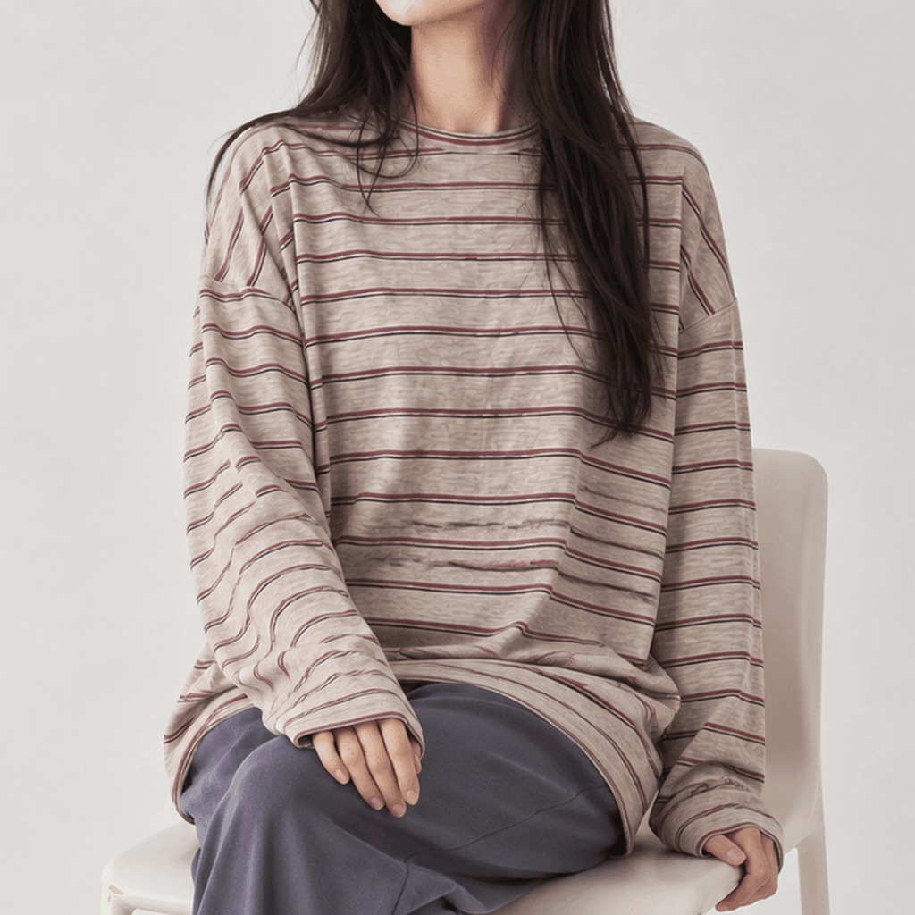 박시핏 단가라 긴팔 티셔츠 베이지