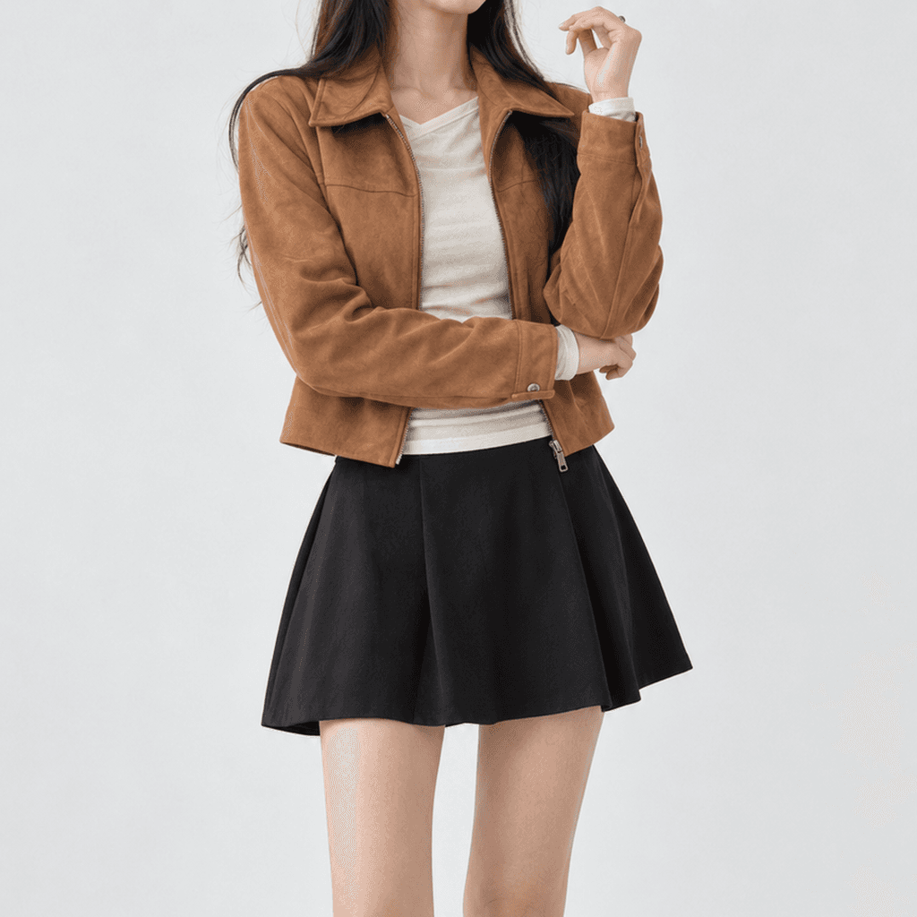 가을 무드 스웨이드 크롭 집업 자켓 브라운
