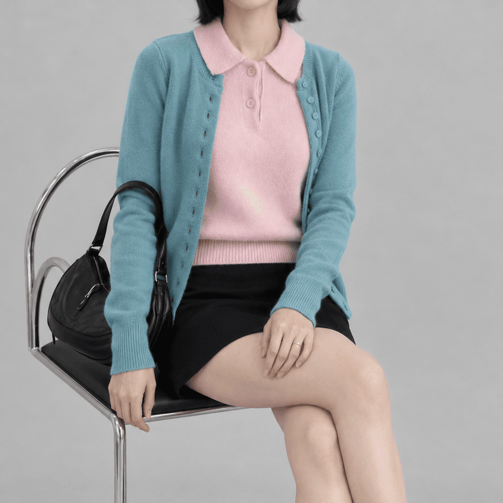 레인모스 포근 카라 반팔 니트탑 연핑크