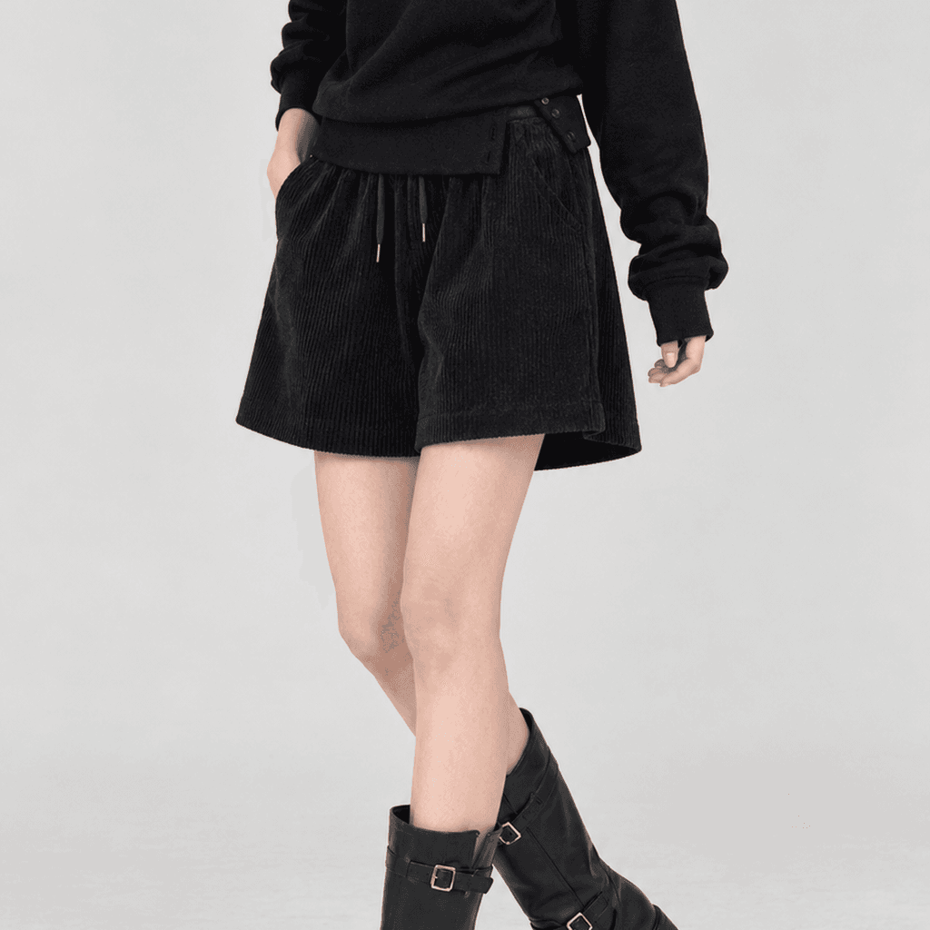 가을 코듀로이 와이드 반팬츠 밴딩 포켓 블랙