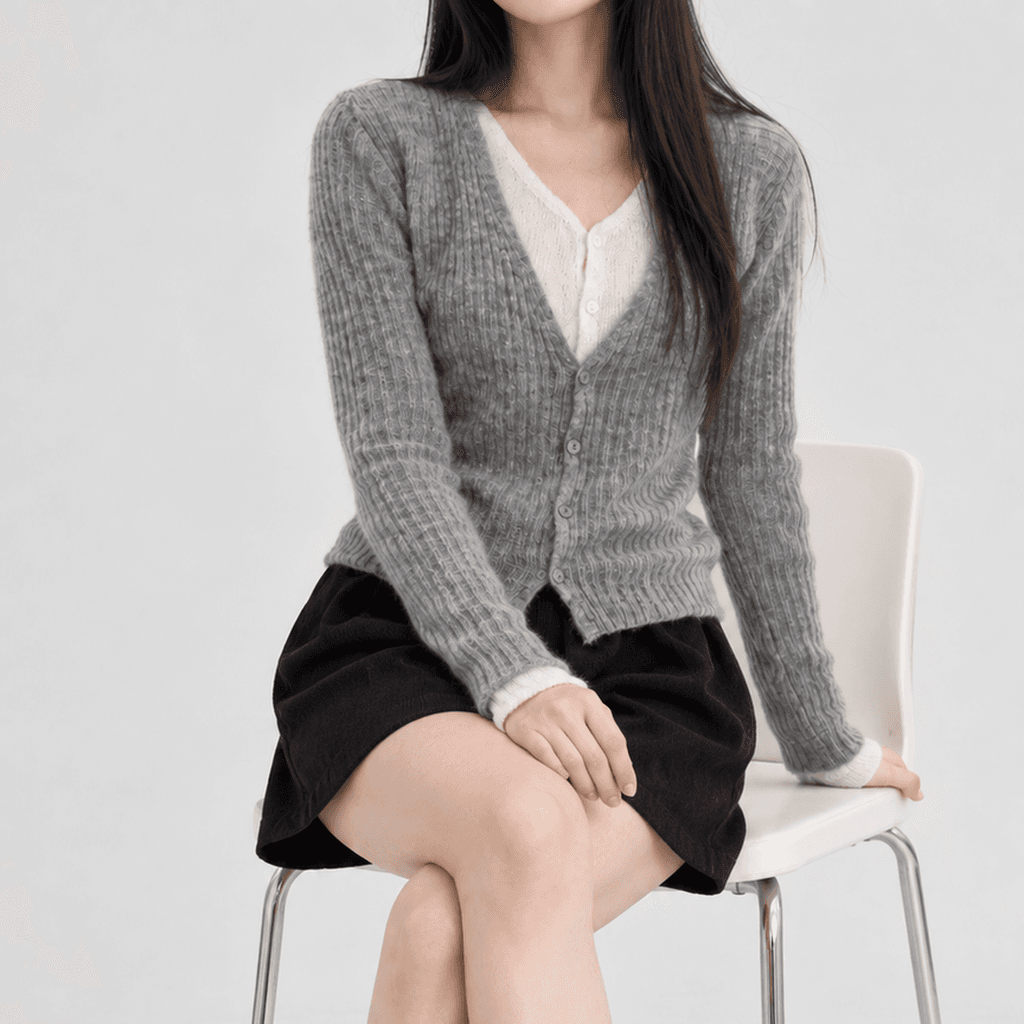 가을 슬림핏 니트 가디건 배색 레이어드 그레이