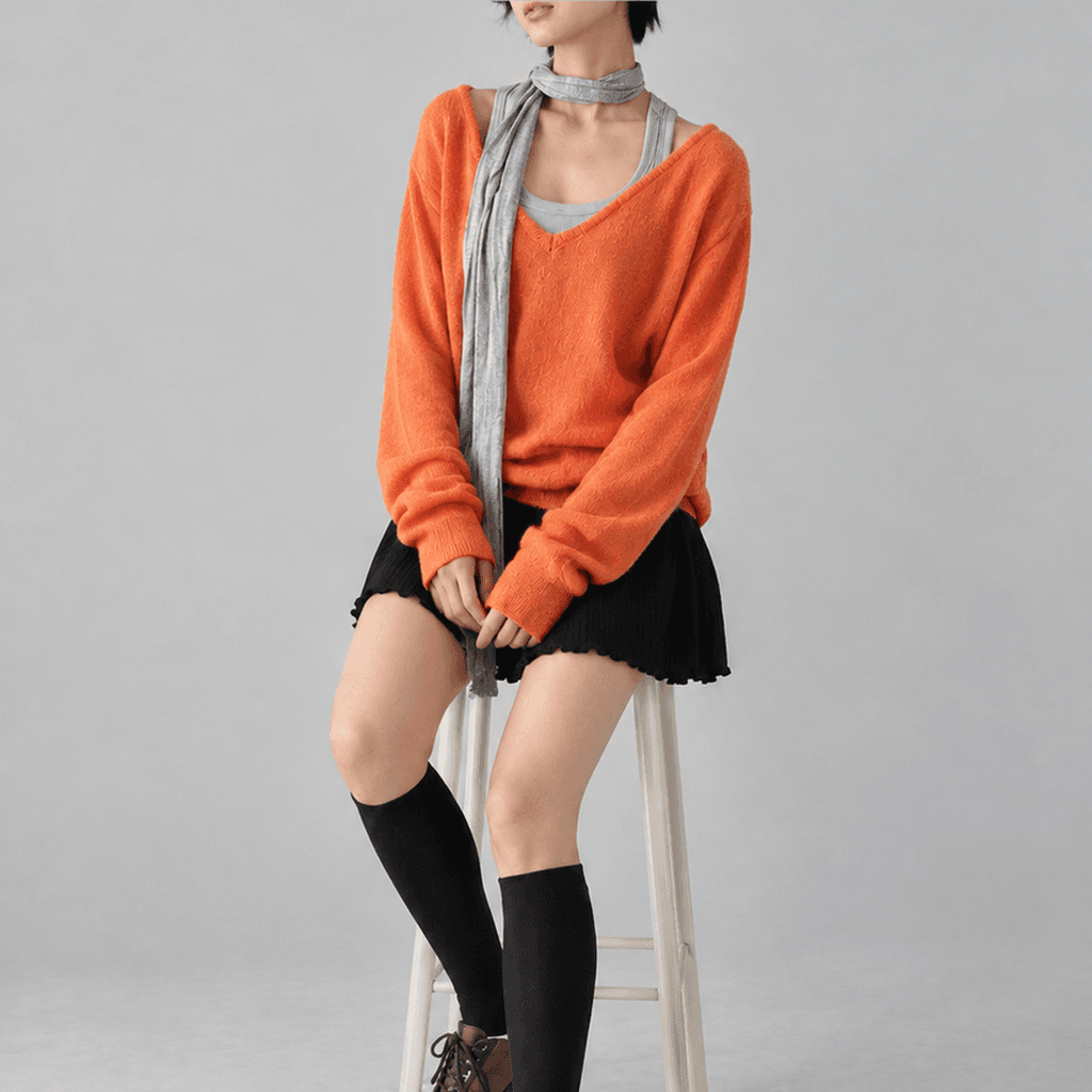 플로우무드 울 루즈핏 딥브이넥 니트 오렌지