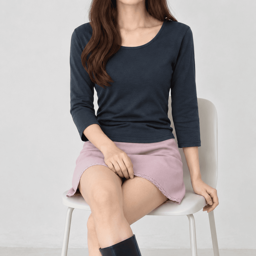가을 기본핏 티셔츠 U넥 7부소매 먹색