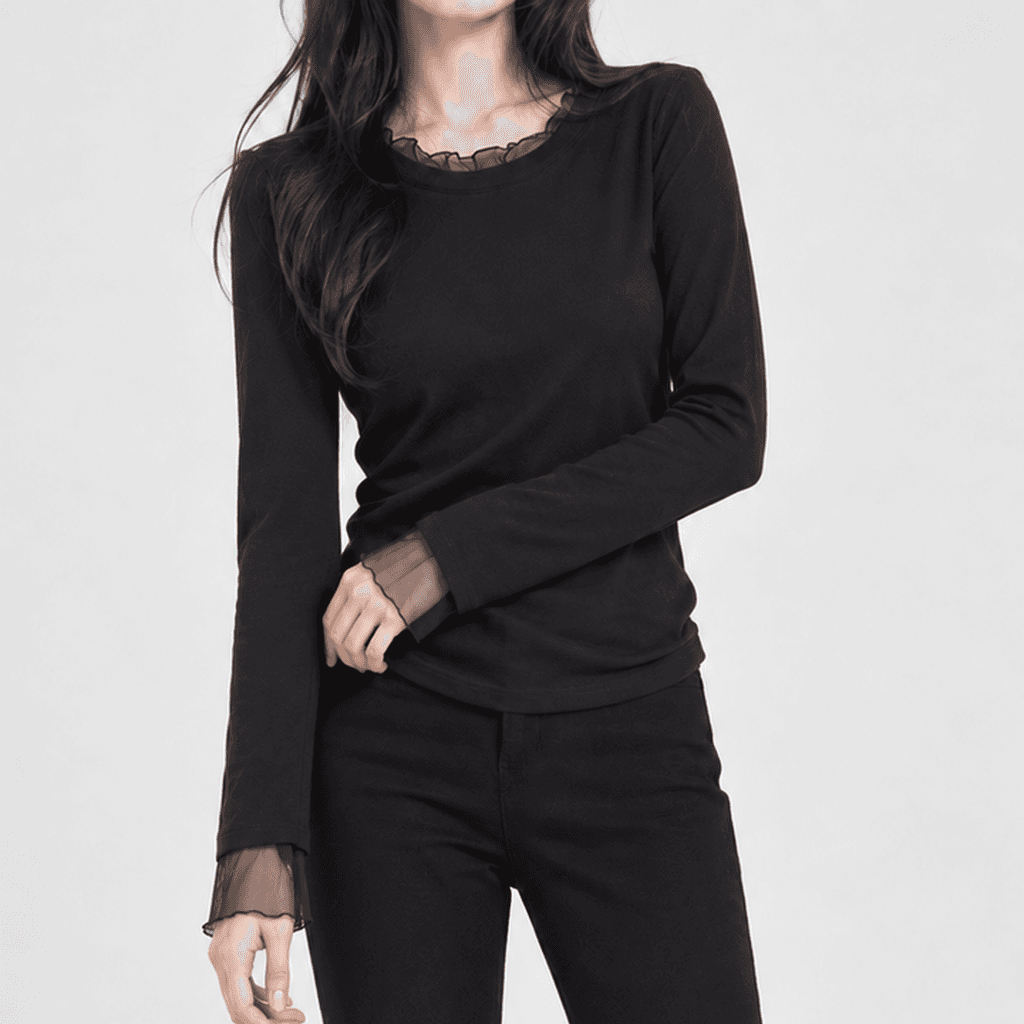 오간자 페이크 레이어드 물결 티셔츠 블랙