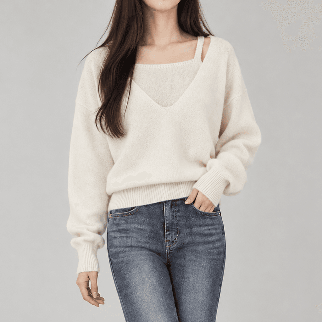 린스카이 루즈핏 딥브이넥 레이어드 니트 아이보리