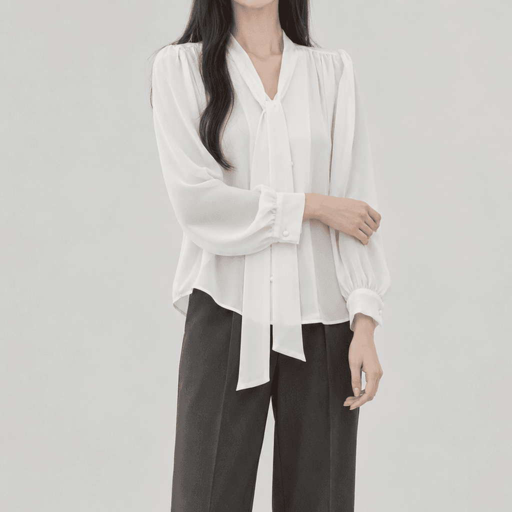 가을 타이넥 루즈핏 블라우스 화이트