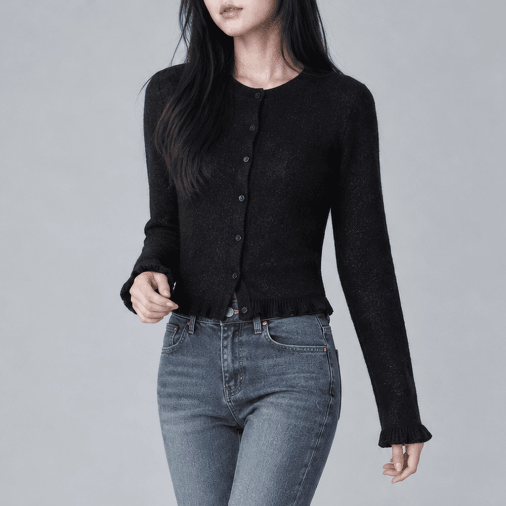 웨이브레인 슬림 알파카 크롭 가디건 블랙