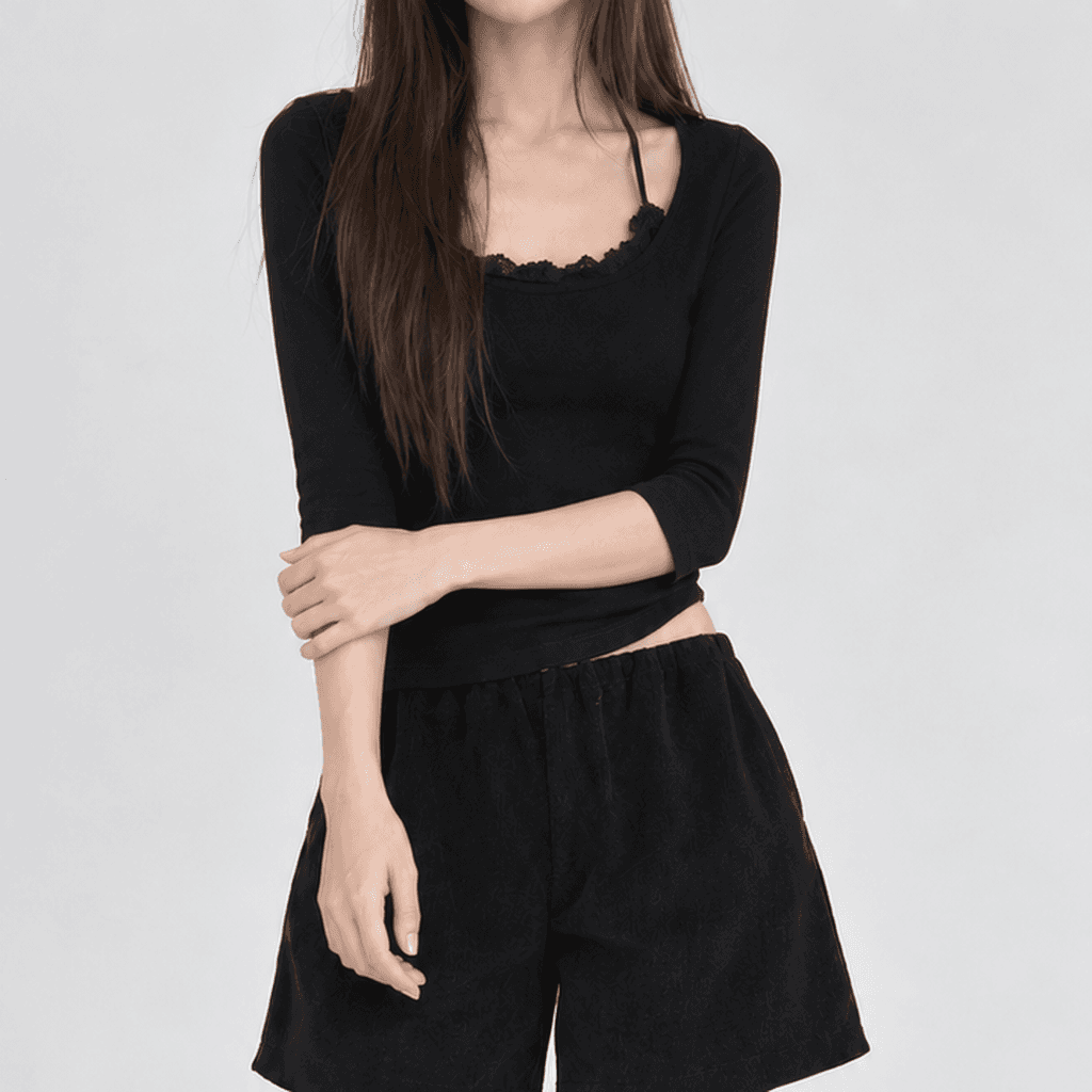 가을 스판 슬림핏 7부 티셔츠 레이스 홀터 블랙