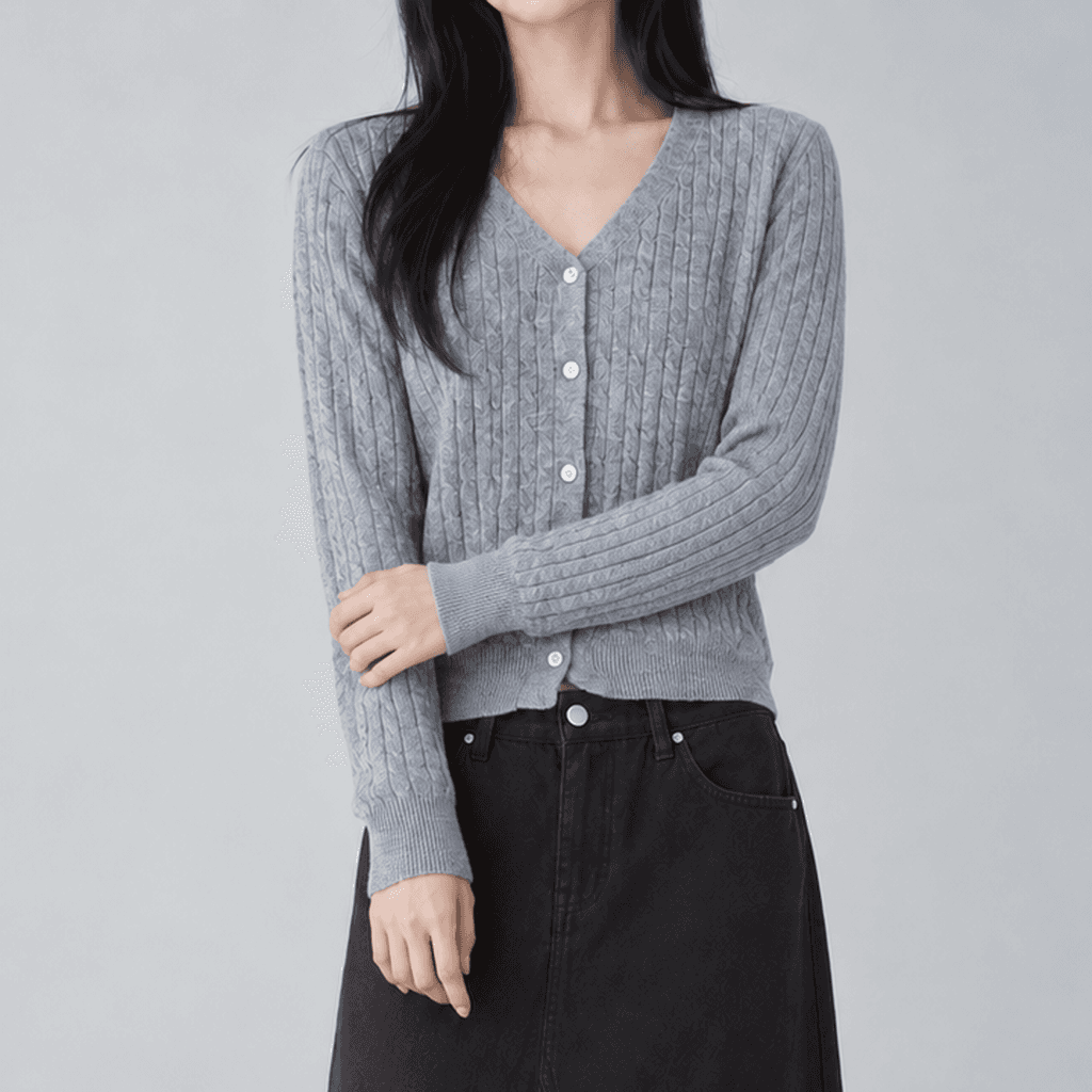 스틸듀 베이직 울 브이넥 꽈배기 가디건 그레이