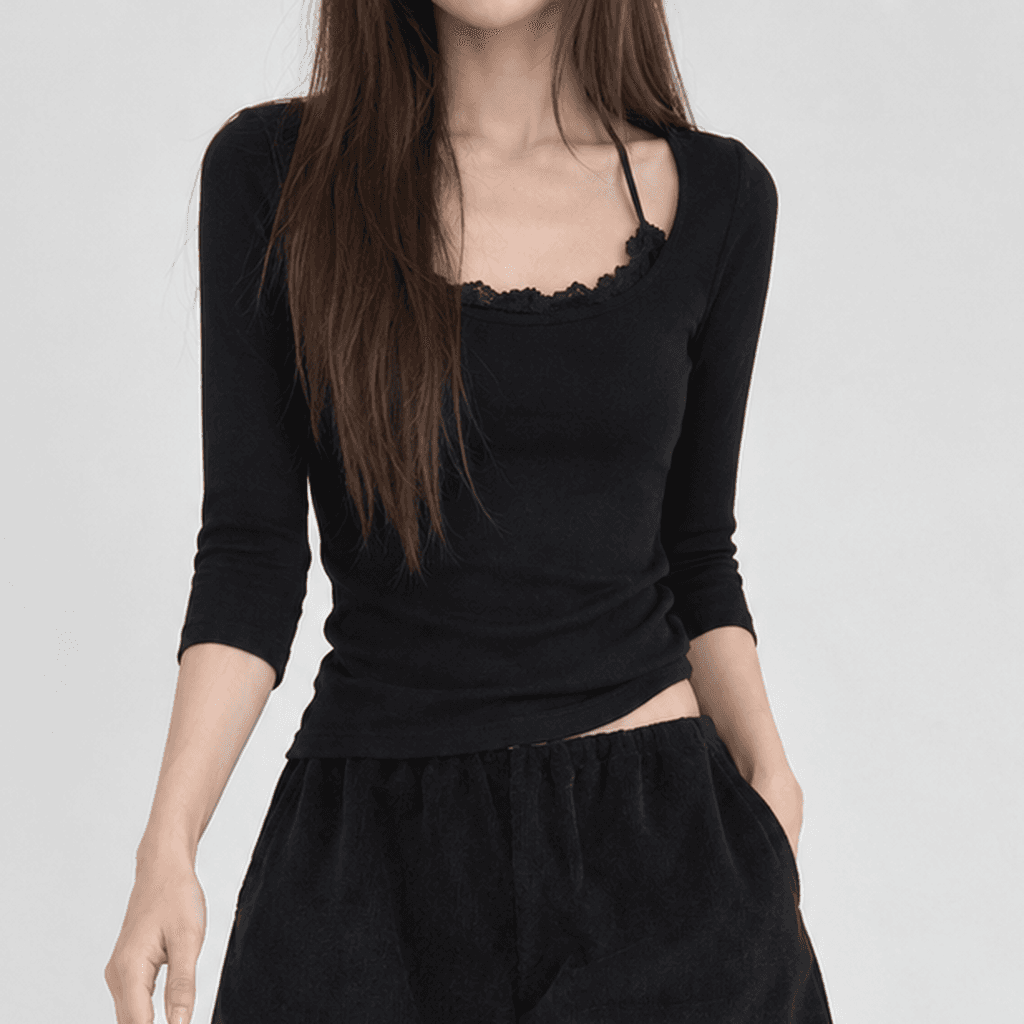 가을 스판 슬림핏 7부 티셔츠 레이스 홀터 블랙