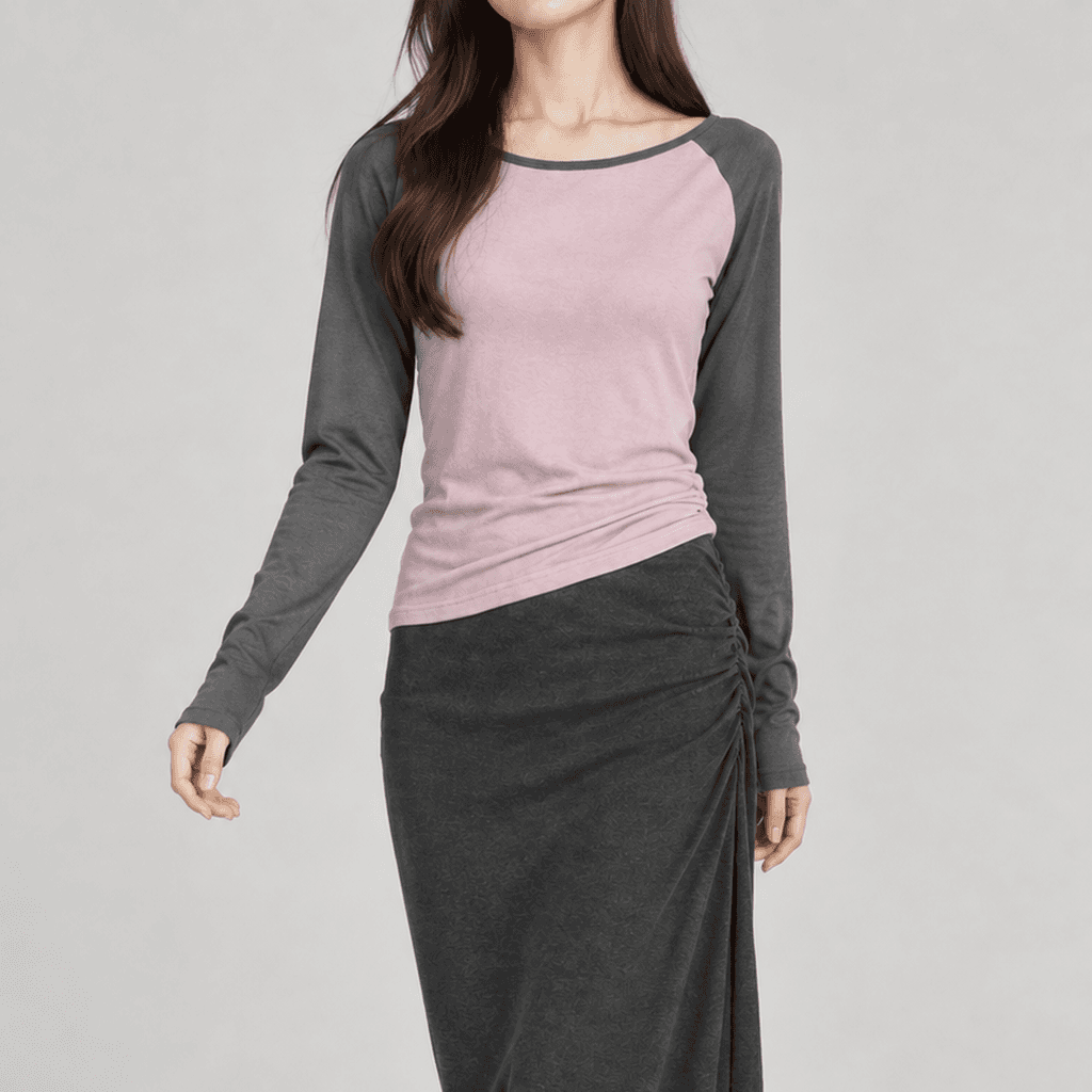 가을 보트넥 나그랑 배색 티셔츠 핑크