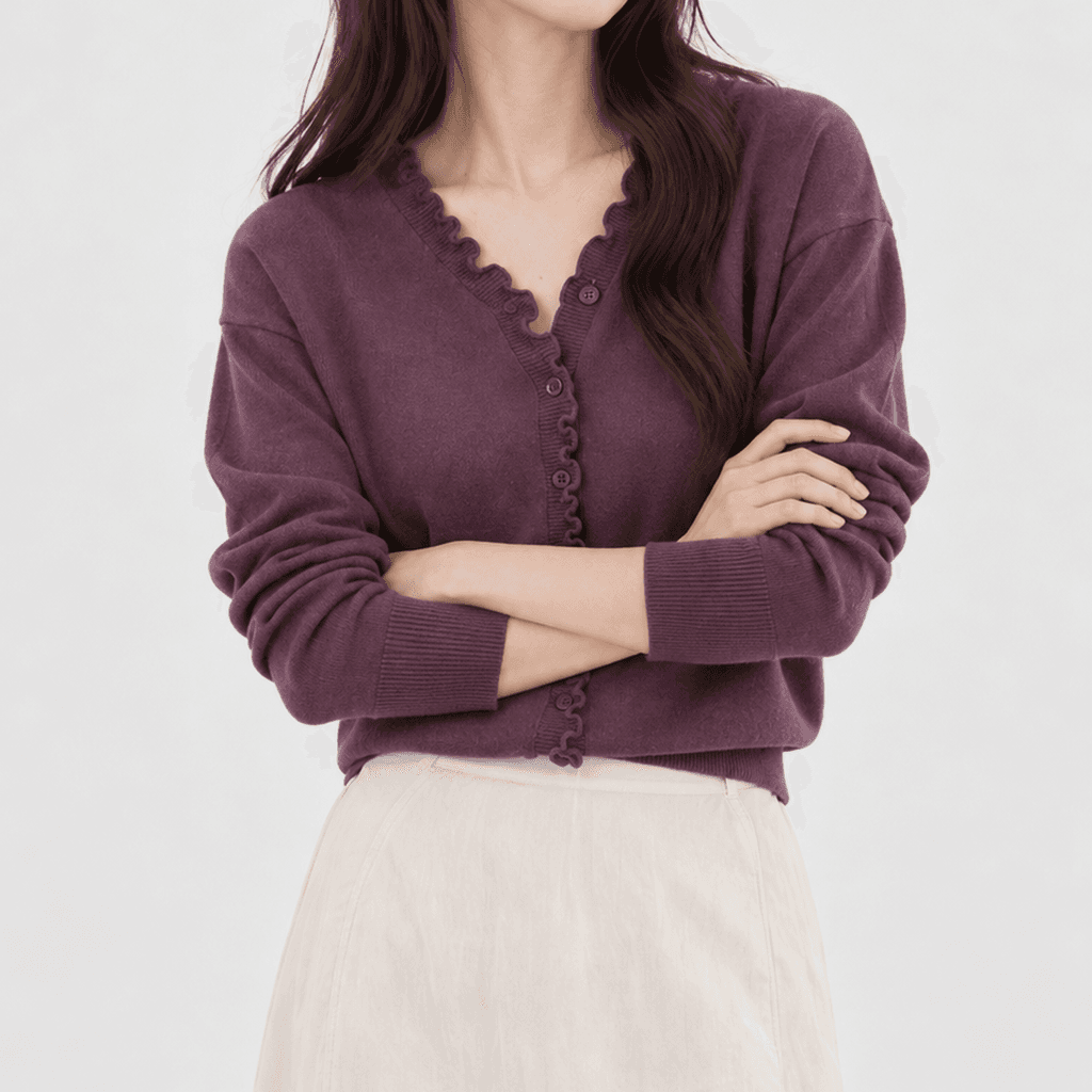 FW 소프트 니트 가디건 프릴 브이넥 딥퍼플