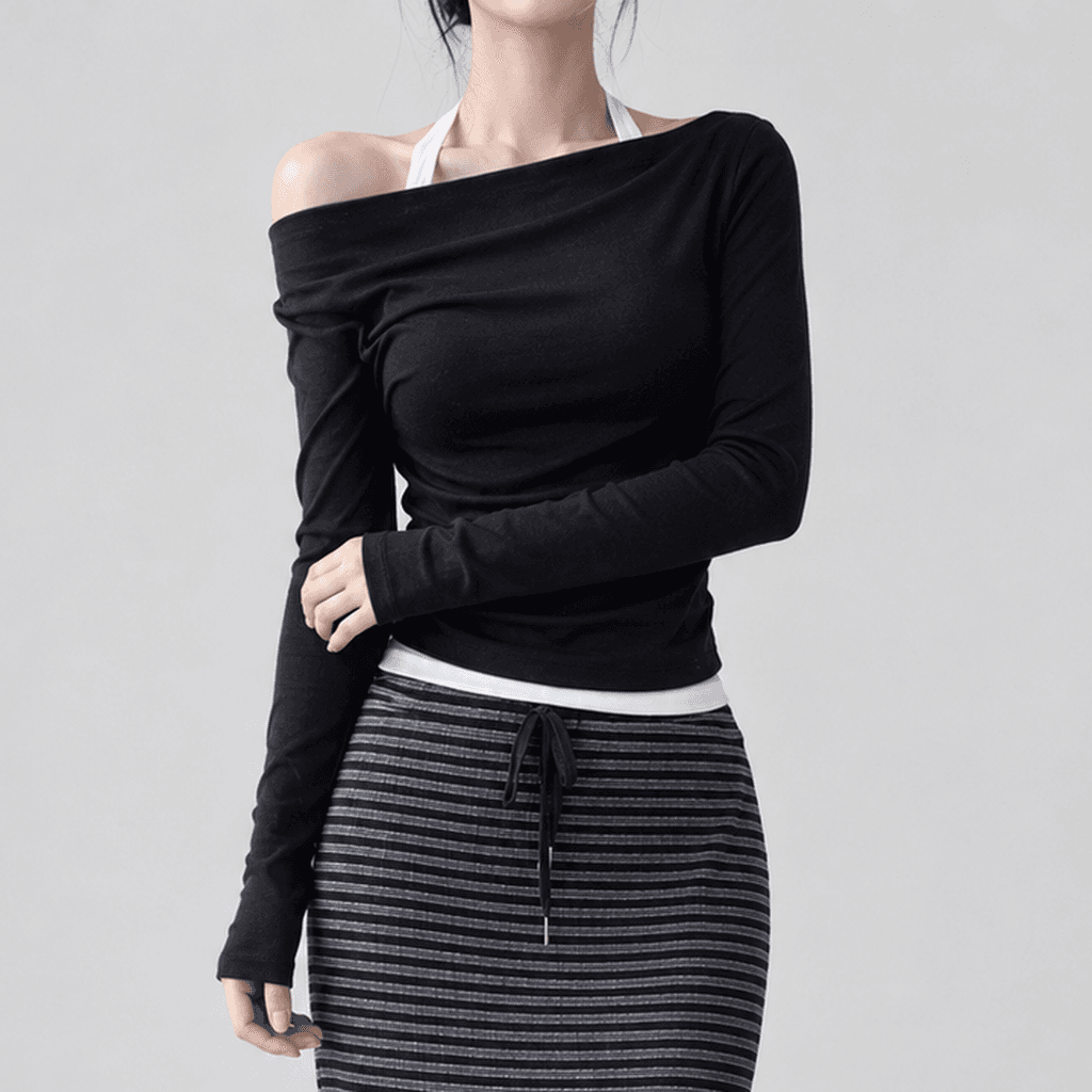 가을 보트넥 레이어드 긴팔 티셔츠 블랙