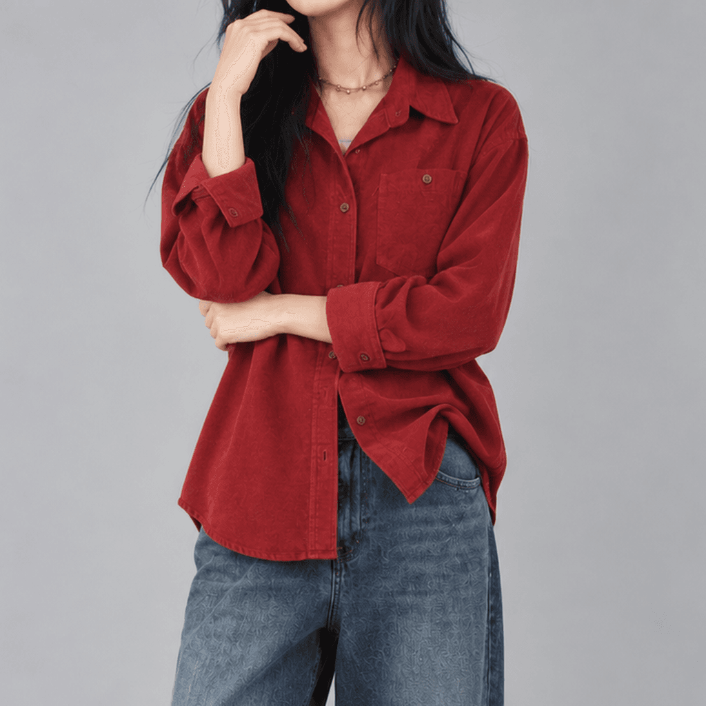 코어글로우 빈티지 코듀로이 루즈핏 셔츠 다크레드