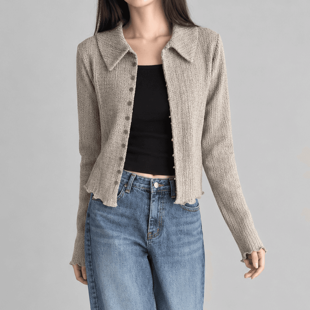 노트퓨어 링클지 크롭 카라 가디건 베이지