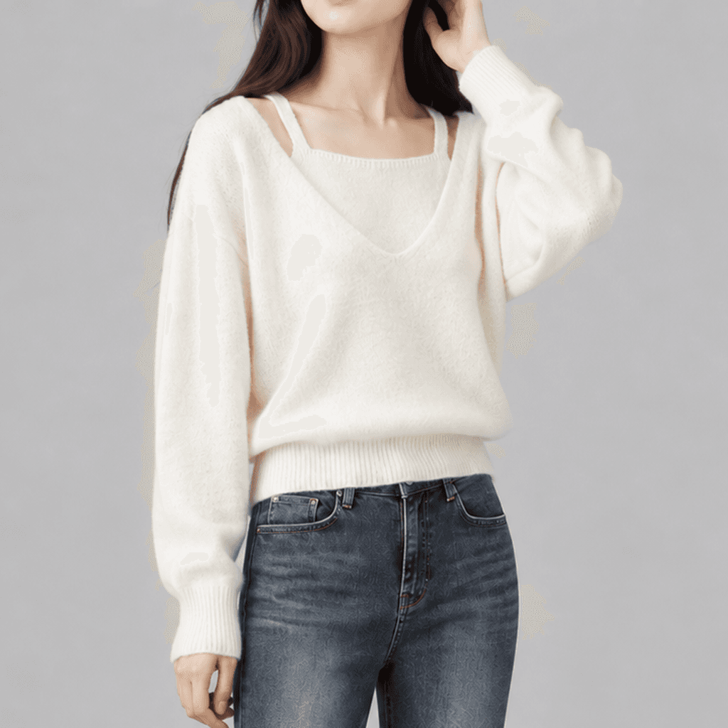 린스카이 루즈핏 딥브이넥 레이어드 니트 아이보리